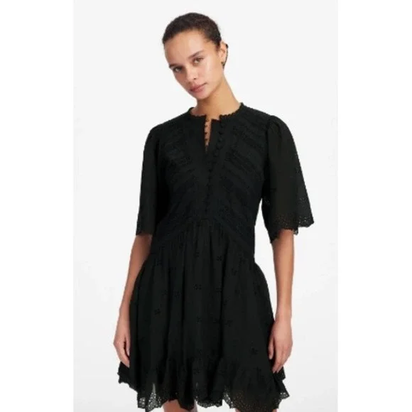 Madewell Dress Size 00 Black Eyelet Flutter Sleeve Mini Cotton Sundress NU556 - Picture 1 of 10